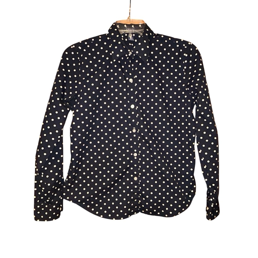 Chaps Polka Dot Blouse Womens Petite Button Down‎ Shirt Navy White Cotton MP